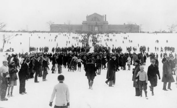 Sledding on Art Hill, 1930s